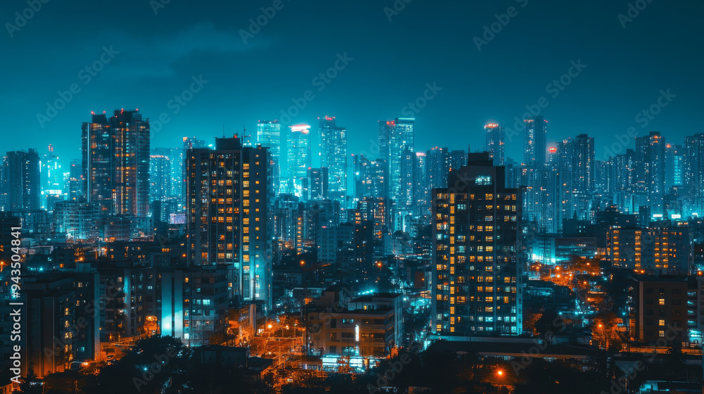 Fototapeta premium City skyline at night with illuminated buildings