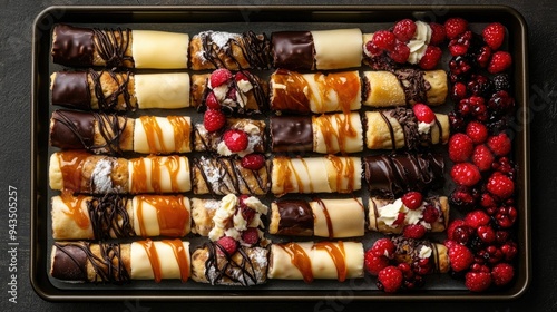 A baking tray holding multiple cromboloni with assorted fillings, including chocolate, caramel, and berry, arranged in a visually pleasing pattern with soft lighting photo