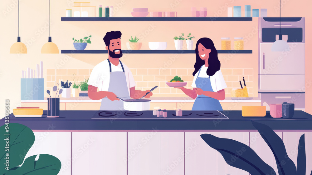 Couple cooking together in a modern kitchen Couple cooking together in a modern kitchen
