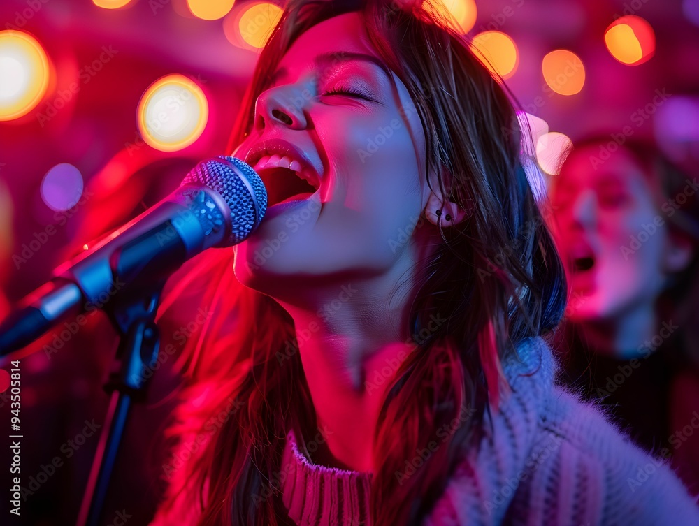Energetic performer singing passionately into a microphone at a vibrant music event with colorful lights in the background Energetic performer singing passionately into a microphone at a vibrant music event with colorful lights in the background