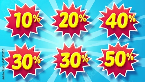 Vibrant sale stickers displaying 10 to 50 percent discounts