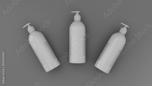 Blank white cosmetic bottle mockup, three blank bottles with dispenser on grey background. 3D rendering illustration