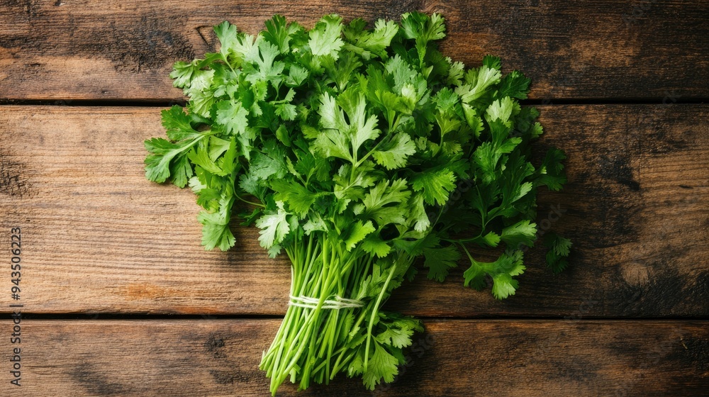A bunch of fresh coriander leaves on a wooden table, captured from above. A bright and natural composition perfect for culinary themes. A bunch of fresh coriander leaves on a wooden table, captured from above. A bright and natural composition perfect for culinary themes.