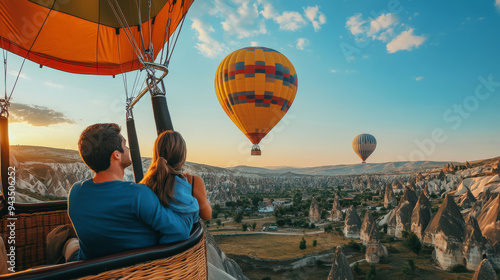 Couple enjoying a scenic hot air balloon ride