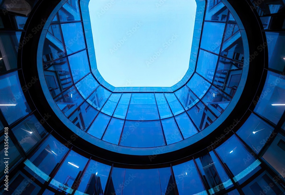 Obraz premium Looking Up modern high-rise office buildings with blue sky in the background, ai