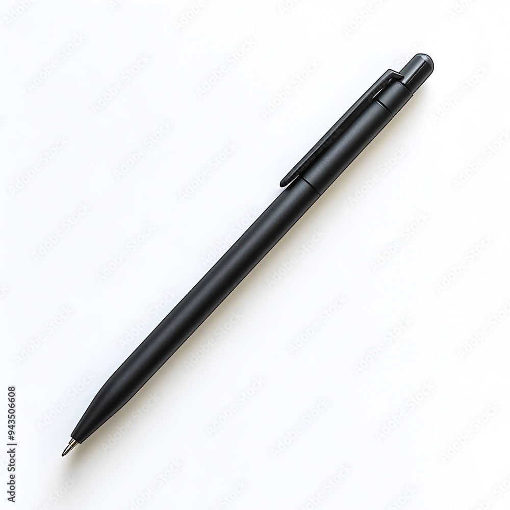 Sleek Black Ballpoint Pen Positioned Horizontally on Crisp White Chiaroscuro Sleek Black Ballpoint Pen Positioned Horizontally on Crisp White Chiaroscuro