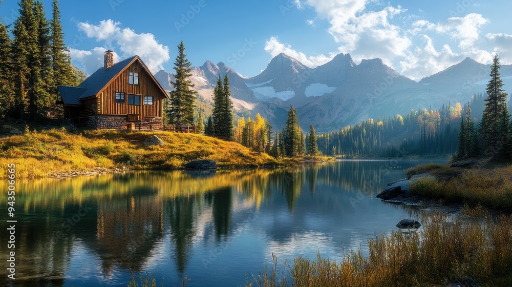 Fototapeta premium Rustic cabin perched on a hill, offering stunning views of a serene lake and towering mountain peaks in the distance.