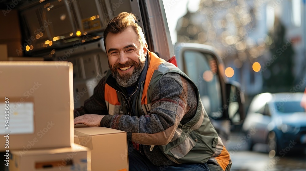 A delivery worker in winter clothing loads packages into a van on a cold day, showcasing the dedication and resilience of delivery services in all weather conditions.. A delivery worker in winter clothing loads packages into a van on a cold day, showcasing the dedication and resilience of delivery services in all weather conditions..