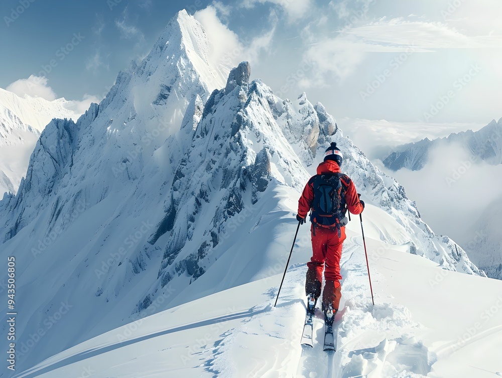 A skier ascends a snow-covered mountain trail surrounded by towering peaks on a clear winter day A skier ascends a snow-covered mountain trail surrounded by towering peaks on a clear winter day