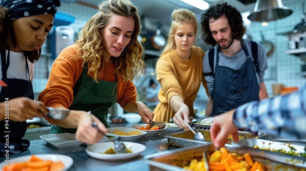 Community Volunteer Event: Diverse Multiracial Group Cooking and Serving Meals in a Soup Kitchen Setting. Generative ai Community Volunteer Event: Diverse Multiracial Group Cooking and Serving Meals in a Soup Kitchen Setting. Generative ai