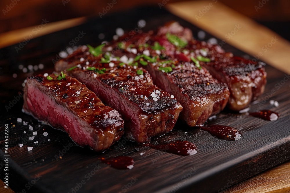 Barbecue wagyu bavette beef steak with red wine salt offered as close-up on charred wooden black board. Generative Ai Barbecue wagyu bavette beef steak with red wine salt offered as close-up on charred wooden black board. Generative Ai