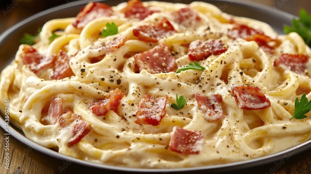 Creamy Fettuccine Alfredo Pasta with Bacon Bits and Parsley Creamy Fettuccine Alfredo Pasta with Bacon Bits and Parsley