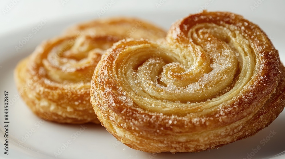 A close-up of a palmieraes layers and sugar crust, resting on a white plate against a completely white background, emphasizing the fine details of the pastry A close-up of a palmieraes layers and sugar crust, resting on a white plate against a completely white background, emphasizing the fine details of the pastry