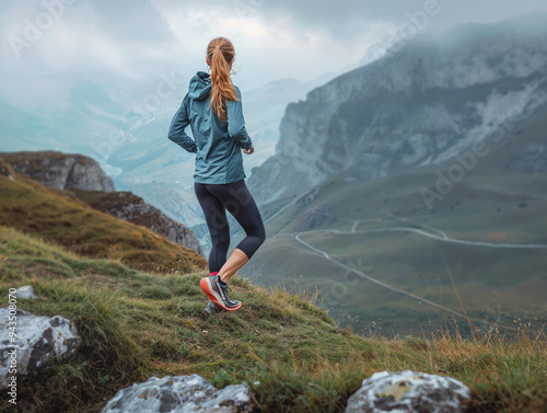 An Adventurous Woman Happily Running Through a Majestic Mountainous Landscape Environment