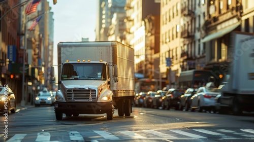 A delivery truck navigates through a busy, rain-soaked city street at dusk, highlighting urban logistics and transportation..