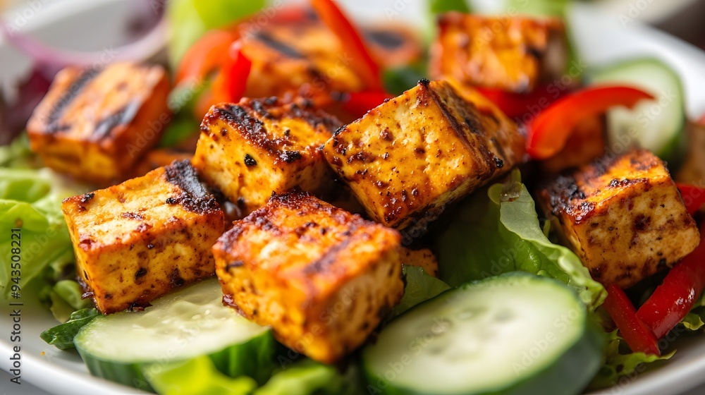 Tofu salad with balsamic dressing, vibrant vegetables, and fresh greens Tofu salad with balsamic dressing, vibrant vegetables, and fresh greens