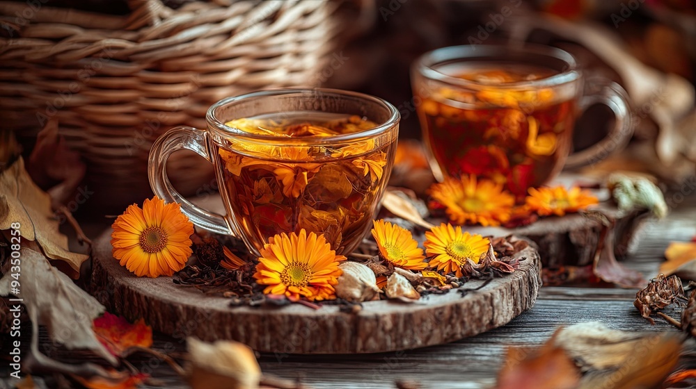 A close-up of herbal tea cups with calendula flowers, surrounded by dried Chernobrovtsi and other autumn elements, set against a vintage wooden background A close-up of herbal tea cups with calendula flowers, surrounded by dried Chernobrovtsi and other autumn elements, set against a vintage wooden background