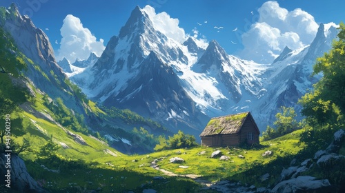 Simple mountain hut standing in a lush valley, framed by towering peaks and clear blue skies.