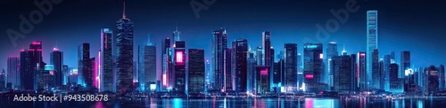 Night view of the city illuminated with neon lights and skyscrapers.
