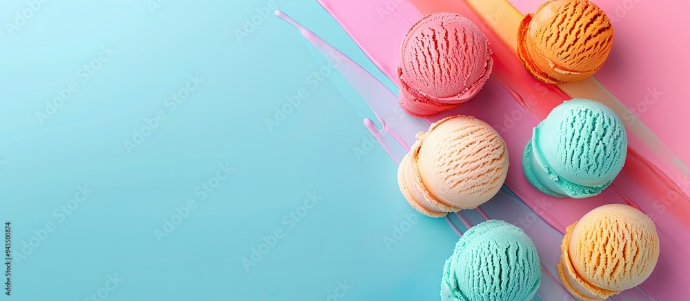 Banner design featuring a variety of ice cream scoops arranged on a colorful backdrop with space for text or images. Creative banner. Copyspace image