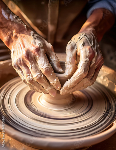 Hands shape clay on a pottery wheel, crafting with skill