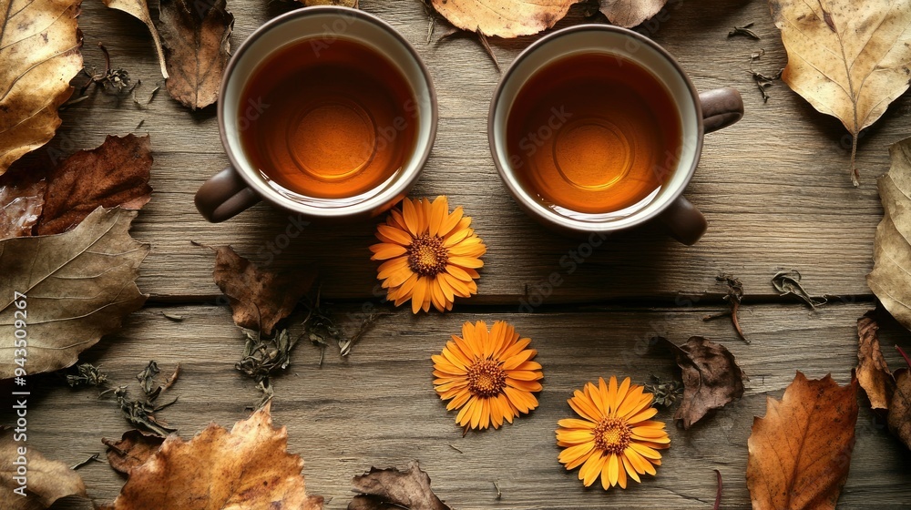 A cozy scene with herbal tea cups and calendula flowers on a wooden table, surrounded by dried autumn leaves and flowers, highlighting the calming and healing benefits of herbal teas A cozy scene with herbal tea cups and calendula flowers on a wooden table, surrounded by dried autumn leaves and flowers, highlighting the calming and healing benefits of herbal teas