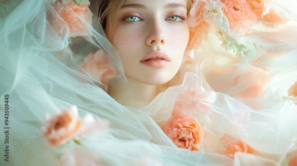 Soft, romantic portrait of a woman draped in tulle flowers, with pastel hues and gentle lighting enhancing her expression. Soft, romantic portrait of a woman draped in tulle flowers, with pastel hues and gentle lighting enhancing her expression.