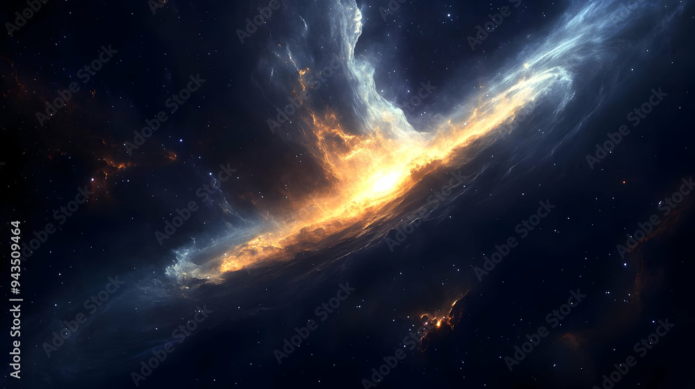 A bright, yellow nebula with glowing edges in a dark space with a scattering of stars. A bright, yellow nebula with glowing edges in a dark space with a scattering of stars.