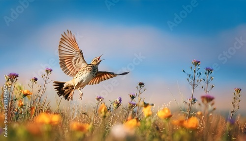 Eurasian Skylark Singing in Flight Over a Meadow
