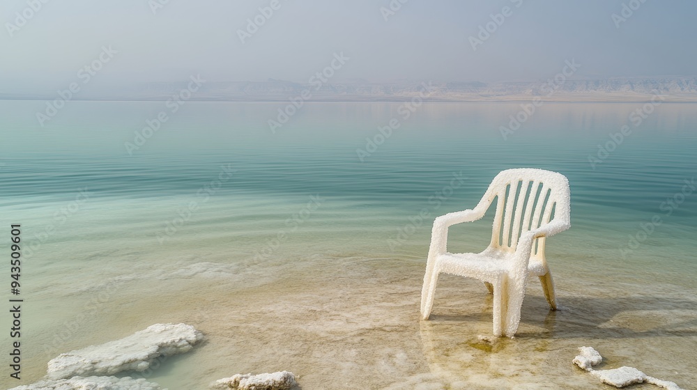 A solitary plastic lounge chair, crusted with salt, rests in the tranquil shallows of the Dead Sea, a renowned natural wonder in Israel. A solitary plastic lounge chair, crusted with salt, rests in the tranquil shallows of the Dead Sea, a renowned natural wonder in Israel.