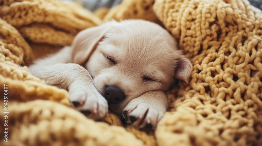 Obraz premium Cute puppy sleeping on a cozy blanket