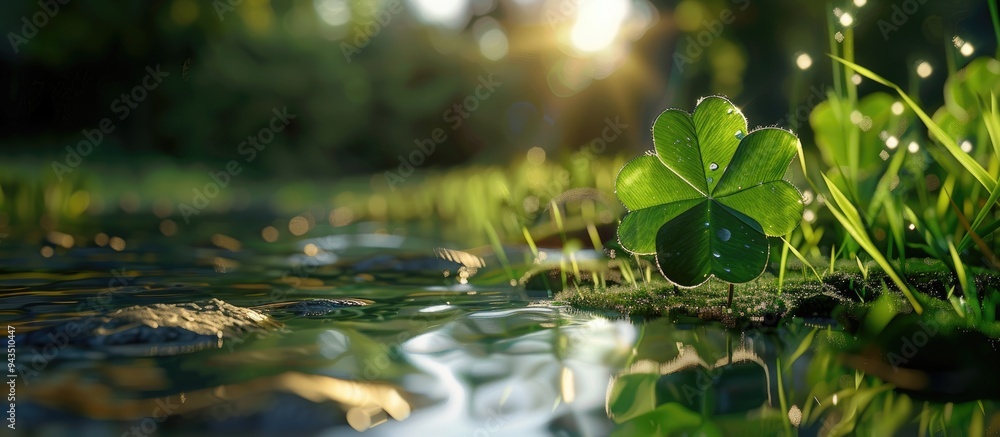 Naklejka premium A large four leaf clover is seen up close reflecting in the grass in an outdoor setting providing a serene copy space image