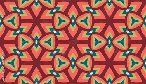 Geomatric seamless pattern in green and orange. Square repeating structure.