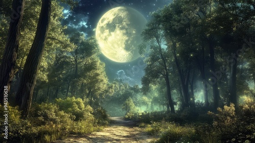 Enchanting Moonlit Forest Pathway under Starry Sky