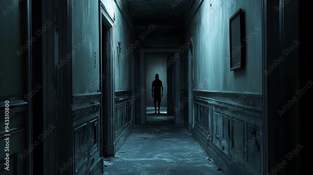 A chilling ghostly figure stands at the end of a dimly lit, abandoned hallway evoking suspense and mystery in a bleak atmosphere A chilling ghostly figure stands at the end of a dimly lit, abandoned hallway evoking suspense and mystery in a bleak atmosphere