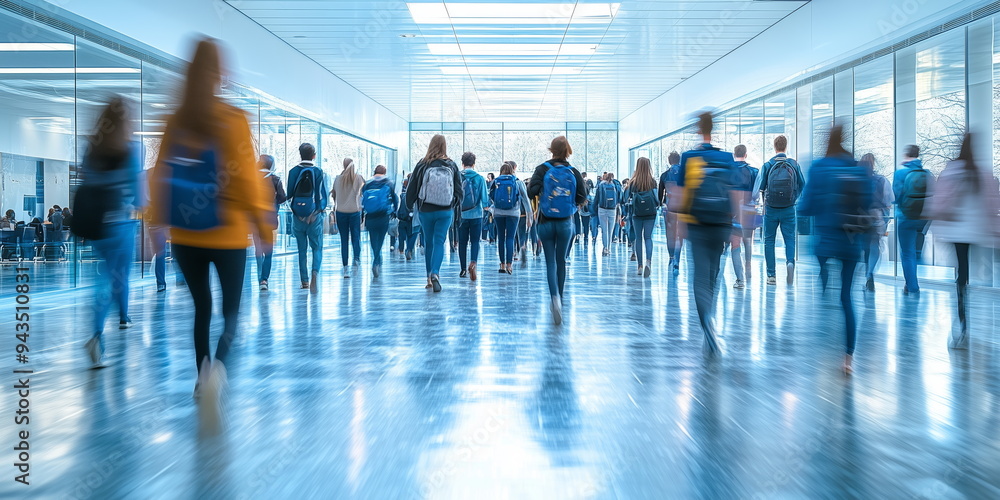 Students walking to class in a university or college environment. Moving crowd motion blurred background. Hand edited generative AI.
Students walking to class in a university or college environment. Moving crowd motion blurred background. Hand edited generative AI.