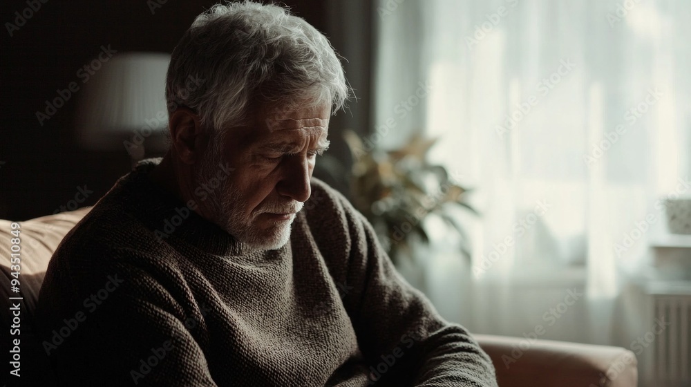 Sad lonely old grey haired man sitting alone on home sofa, looking down in bad thought, suffering from depression, apathy, coping with loss, bad news about healthcare, family problems Sad lonely old grey haired man sitting alone on home sofa, looking down in bad thought, suffering from depression, apathy, coping with loss, bad news about healthcare, family problems