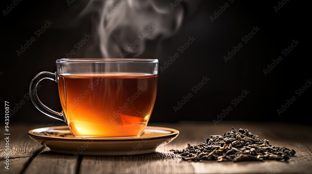 A glass of hot tea with steam rising, placed on a wooden table with a plate of dried tea leaves, all against a deep black background, creating a serene and cozy mood A glass of hot tea with steam rising, placed on a wooden table with a plate of dried tea leaves, all against a deep black background, creating a serene and cozy mood