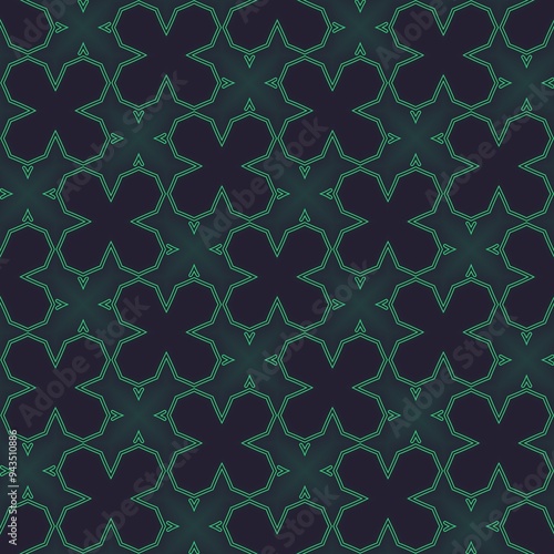 Geomatric seamless pattern in green and black. Floral repeating structure.