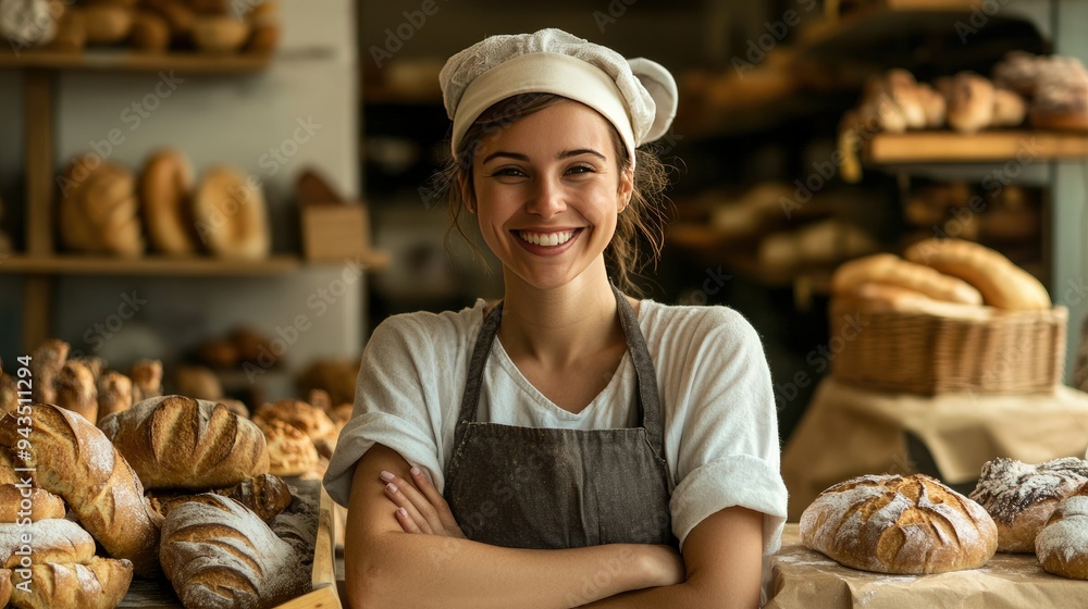 A happy female baker posing in a cozy bakery shop, surrounded by the aroma of fresh bread and pastries, with a warm, inviting smile A happy female baker posing in a cozy bakery shop, surrounded by the aroma of fresh bread and pastries, with a warm, inviting smile