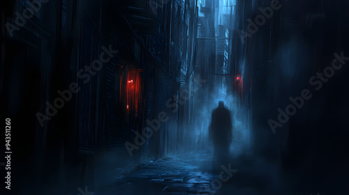 A dark alley in a city shrouded in mist features a shadowy figure, creating an eerie and mysterious atmosphere that evokes suspense and intrigue