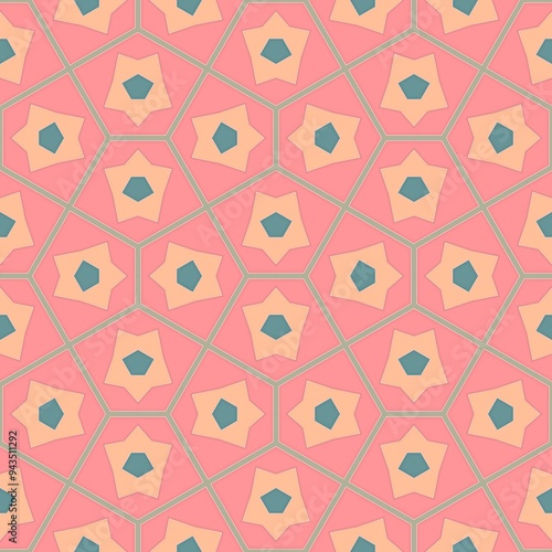 Geomatric seamless pattern in green and pink. Square repeating structure.
