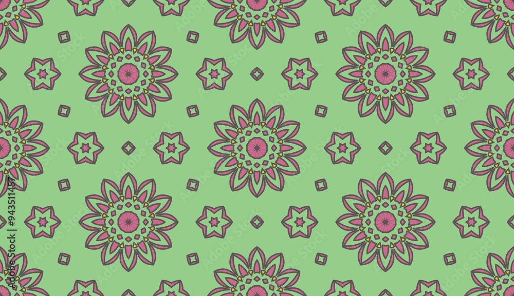 Geomatric seamless pattern in green and pink. Floral repeating structure. Geomatric seamless pattern in green and pink. Floral repeating structure.