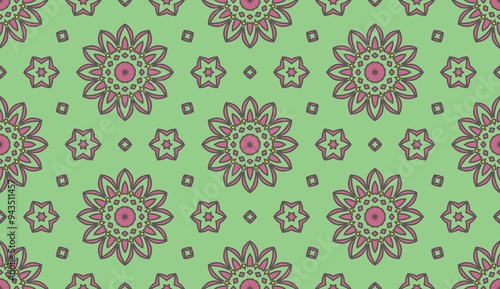 Geomatric seamless pattern in green and pink. Floral repeating structure.