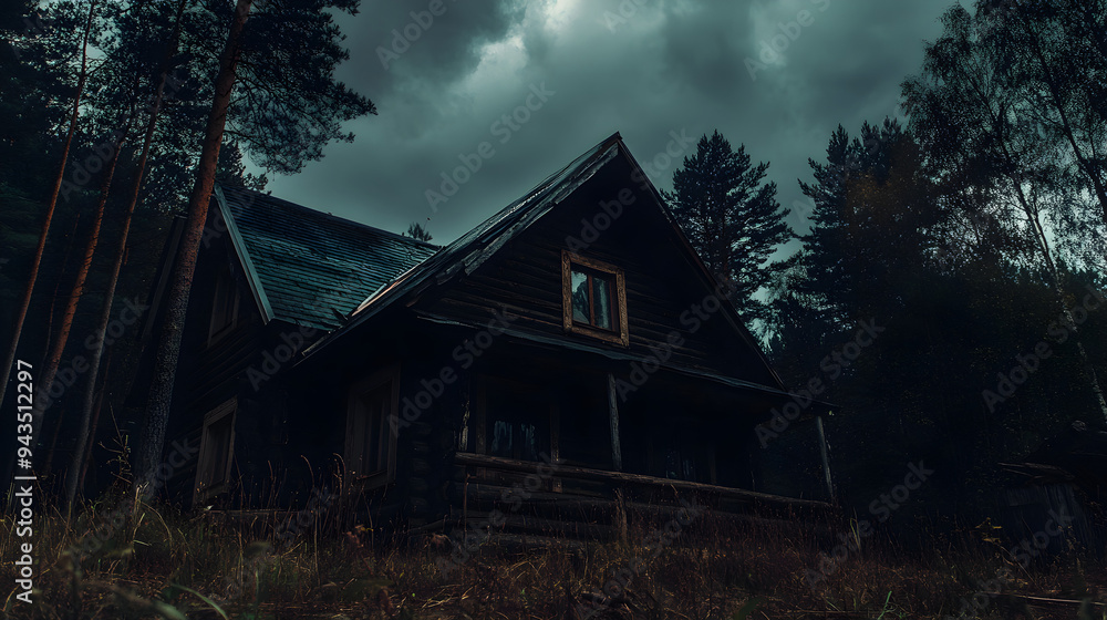 Obraz premium A haunted eerie cabin in the woods stands ominously under dark, stormy skies surrounded by tall trees and overgrown grass