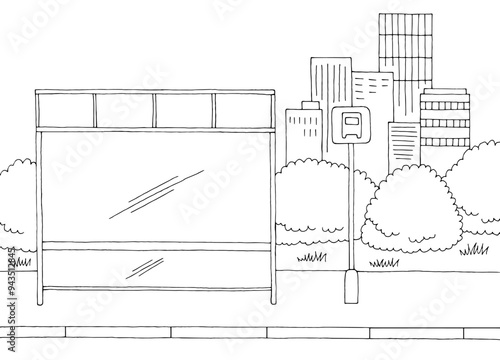 Bus stop graphic black white sketch illustration vector 