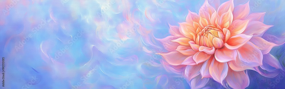 Fototapeta premium Close-up of a pink and yellow dahlia flower on a blue, blurry background.