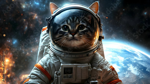 A cat astronaut in a spacesuit floats in space with Earth in the background. photo