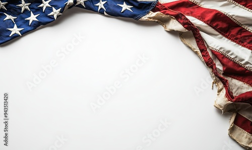 Old, torn American flag on a white background, with space for copy.