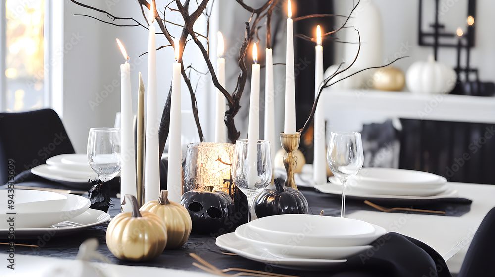 A modern elegant Halloween table setting with candles, black and gold decor, pumpkins, and a festive atmosphere for a stylish celebration A modern elegant Halloween table setting with candles, black and gold decor, pumpkins, and a festive atmosphere for a stylish celebration